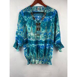 Marc Bouwer Blue Beaded Blouse XS - V-Neck Patterned Top With Elastic Waist & Cu